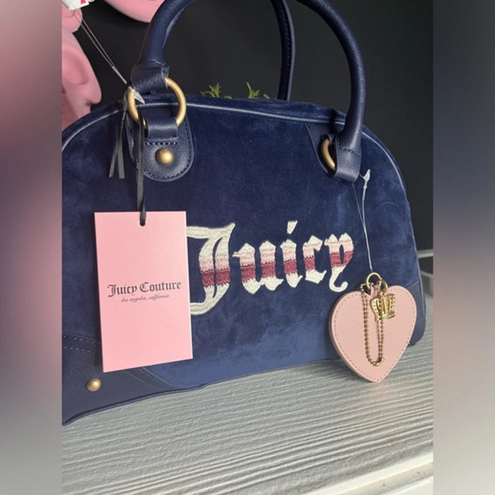 Juicy Couture Regal Blue Velour Medium Satchel Bowler Crossbody Bag NWT